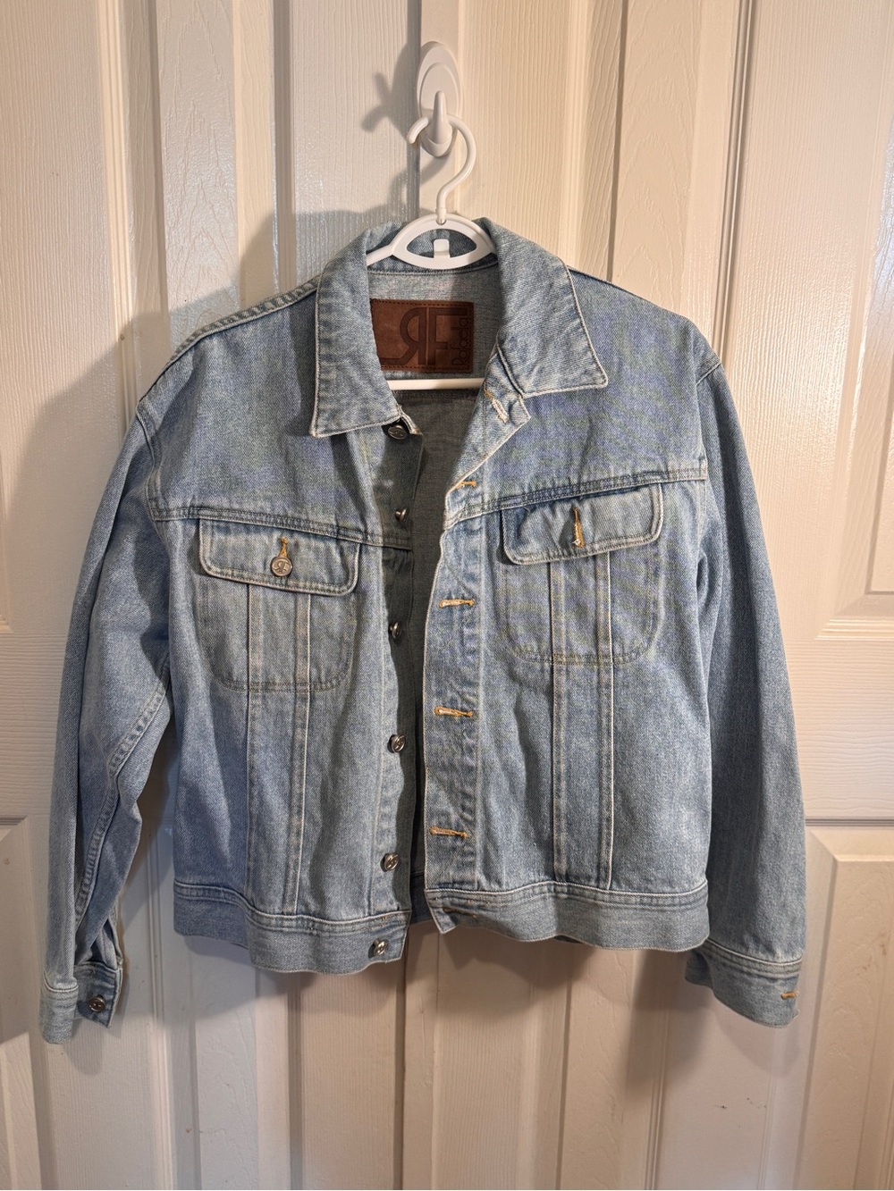 Rafaella Vintage Light Blue Denim Jacket with Brown Leather Patch